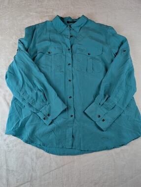Lauren Ralph Lauren 100% Silk Safari Button Shirt Women's 1X Blue Plus Size